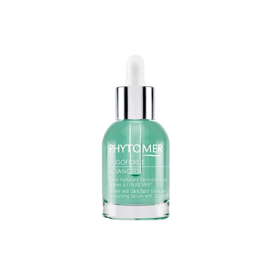 Clear glass dropper bottle containing green moisturizing serum labeled Oligoforce Advanced Wrinkle & Dark Spot Correction Moisturizing Serum with Oligomer | Phytomer for skincare and anti-aging benefits.