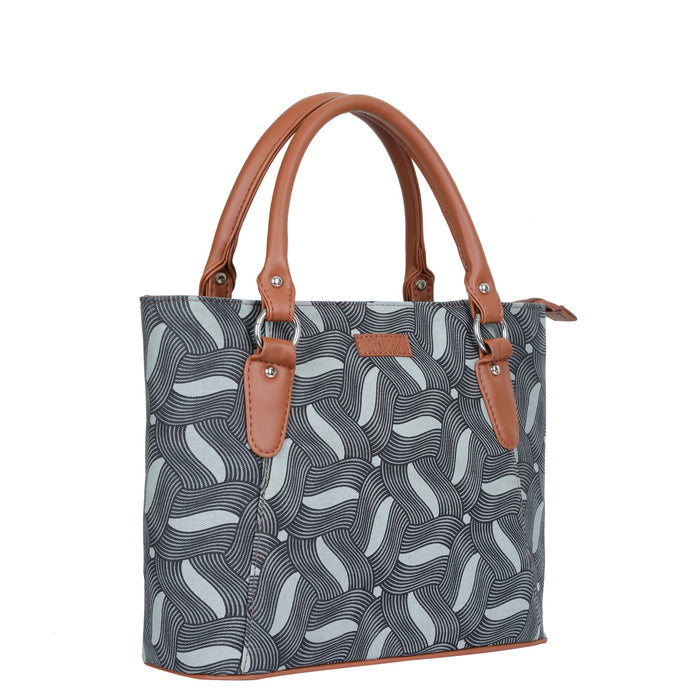 Women’s olive green handcrafted printed canvas tote bag with shoulder straps-half side view