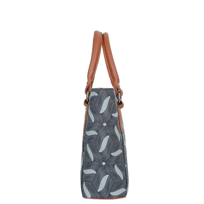 Women’s olive green handcrafted printed canvas tote bag with shoulder straps-side view