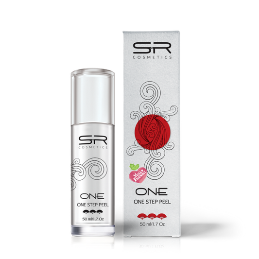 Bottle and box packaging of One Step Peel | SR Cosmetics, a skincare product with minimalist silver design and red decorative swirl pattern.