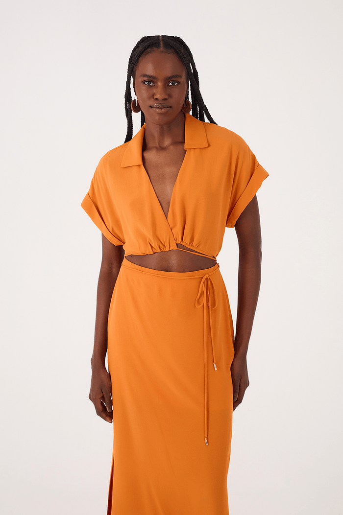 Orange Samba Cut-Out Wrap Bodice Midi Dress_3