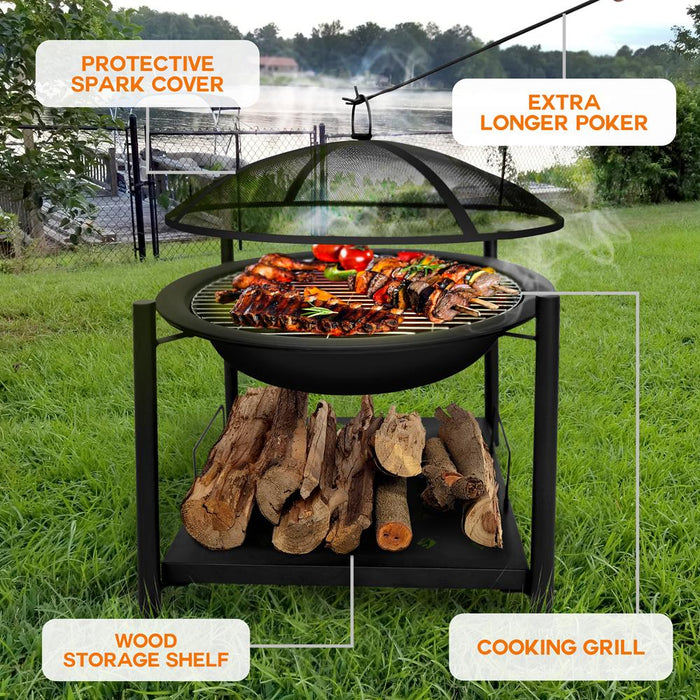 Outdoor Fire Pit with BBQ Grill, Durable Steel, 26" Bowl, Easy Assembly