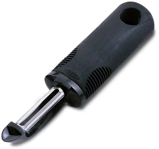 Oxo Good Grips Peeler with a large black no-slip handle and stainless steel swivel action.
