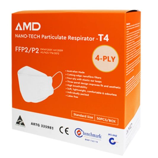 P2 Face Masks | Australian Made | AMD Nanotech Level 3 | EarLoop - WHITE | 4xPly (1Box/50mask)
