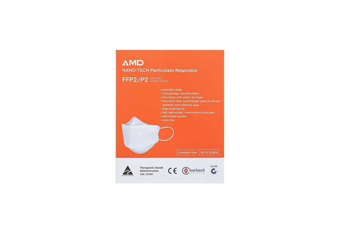 P2 Face Masks | Australian Made | AMD Nanotech Level 3 | EarLoop - WHITE | 4xPly (1Box/50mask)