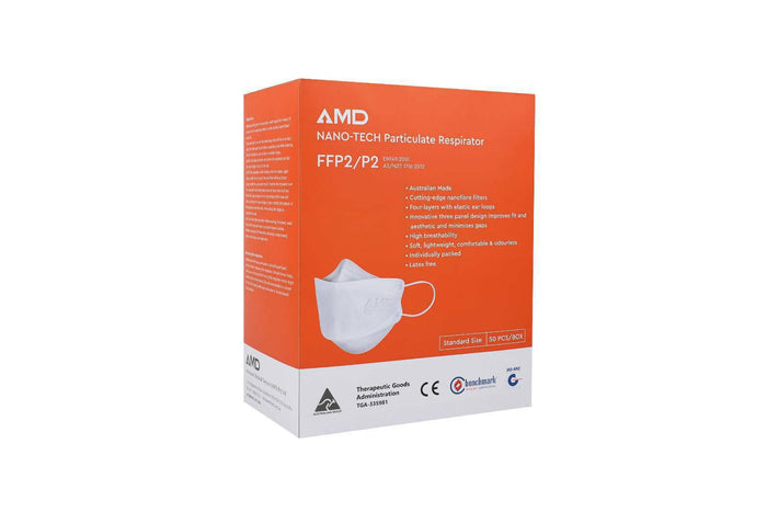 P2 Face Masks | Australian Made | AMD Nanotech Level 3 | EarLoop - WHITE | 4xPly (1Box/50mask)