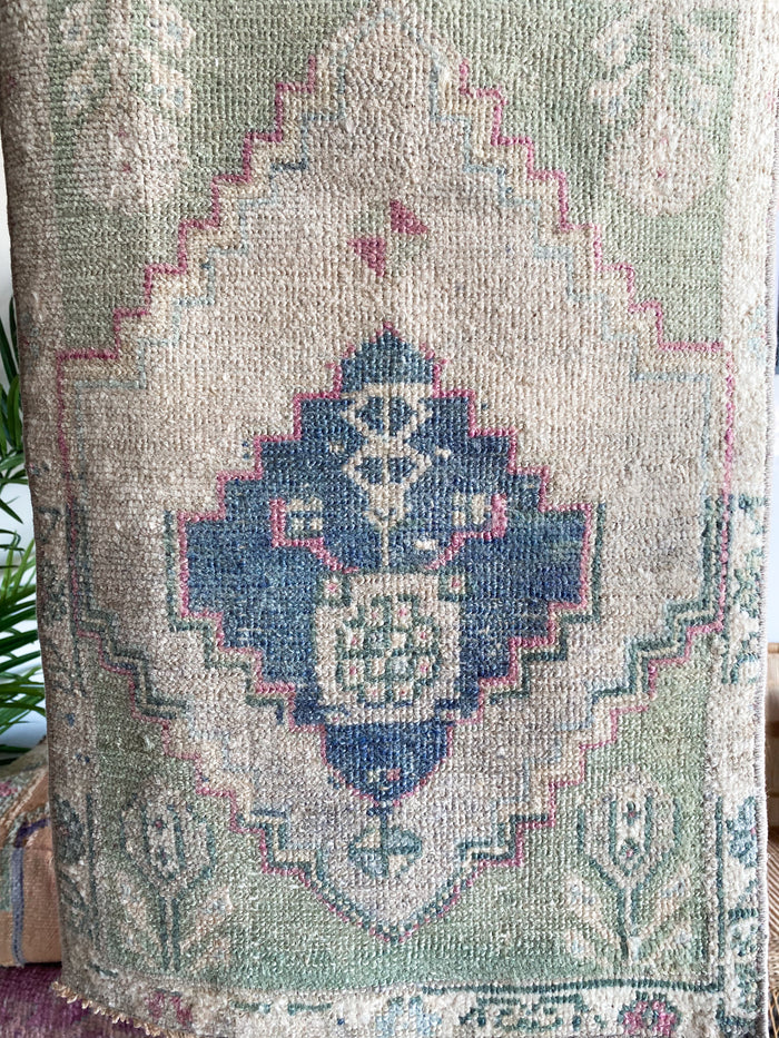 Parker Scandanavian traditional handwoven hand-knotted vintage  small mini turkish oushak accent rug beige green blue
