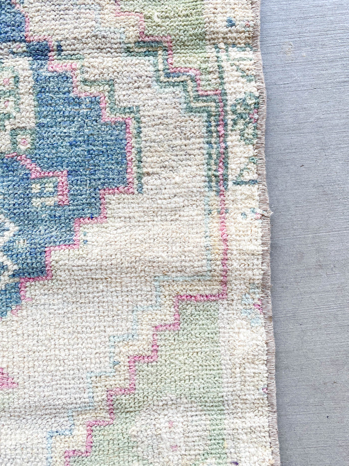 Parker Scandanavian traditional handwoven hand-knotted vintage  small mini turkish oushak accent rug beige green blue