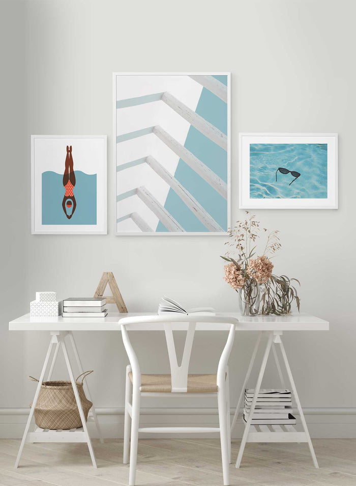 Peek-a-Boo Blue is a minimalist photography of an inverted view of a while wood railing creating blue shadows and overlooking the blue sea by Opposite Wall.