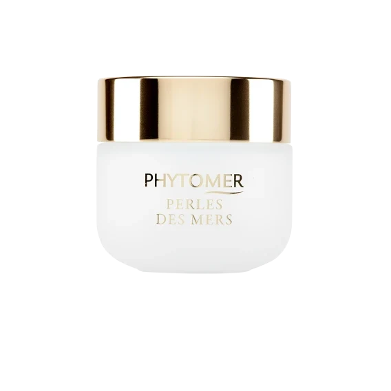 Jar of Perles Des Mers Longevity Cream | Phytomer with a white body and shiny gold lid, showcasing skincare and body care luxury product packaging.