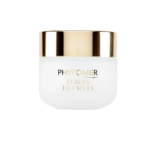 Jar of Perles Des Mers Longevity Cream | Phytomer with a white body and shiny gold lid, showcasing skincare and body care luxury product packaging.