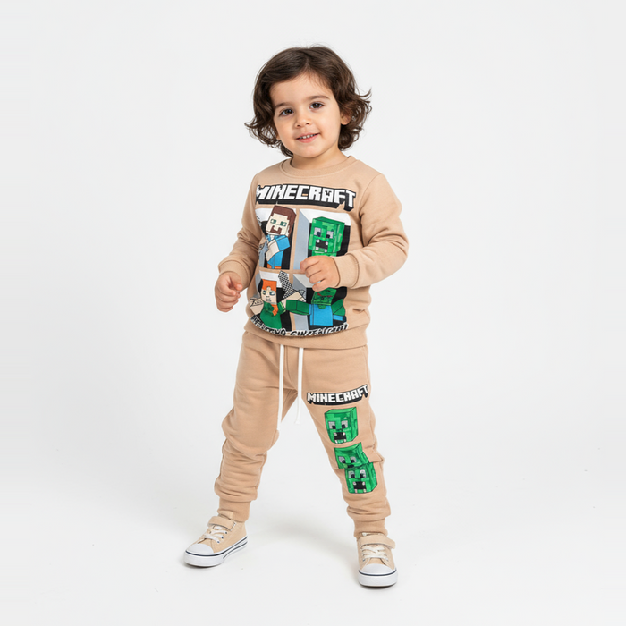 Toddler boy wearing a beige Minecraft sweatshirt and joggers with character graphics, standing against a white background.