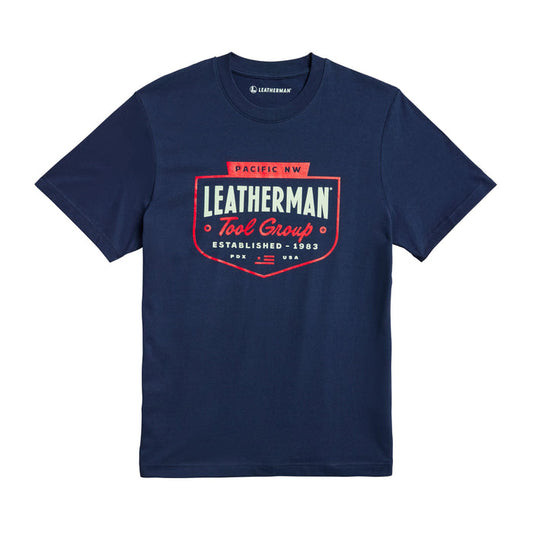 Navy Leatherman Pacific Northwest tee with a red emblem logo. Established 1983.