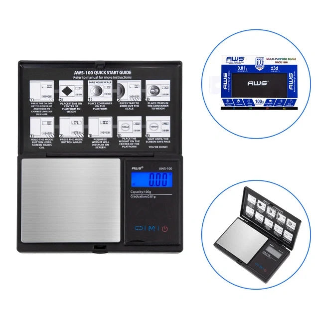 A digital pocket scale with a black protective cover and stainless steel weighing platform, featuring a digital LCD display.