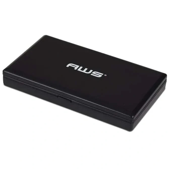 A digital pocket scale with a black protective cover and stainless steel weighing platform, featuring a digital LCD display. Logo Displays "AWS".