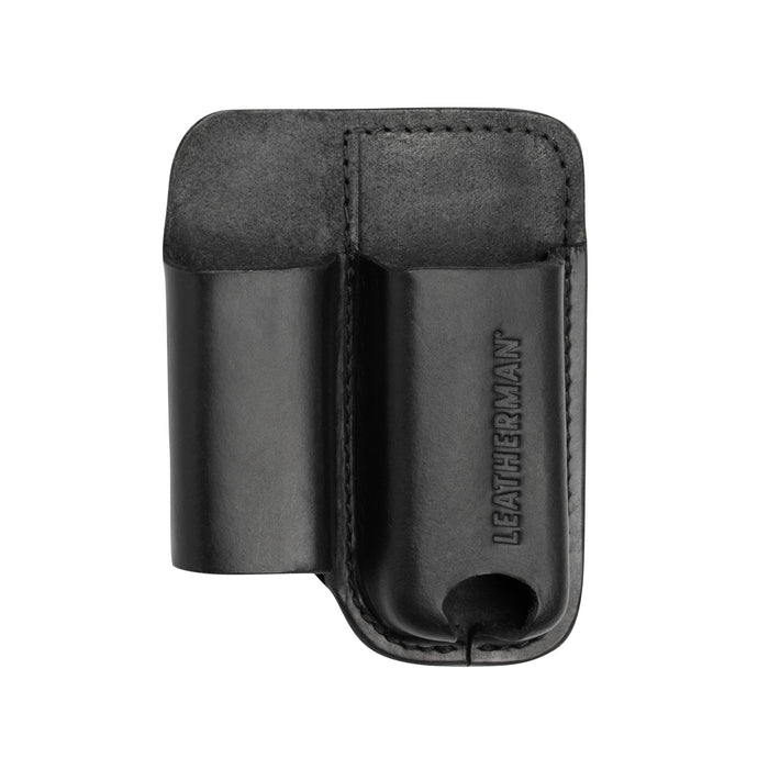 Black premium leather multitool sheath with two compartments and LEATHERMAN logo embossed on the front