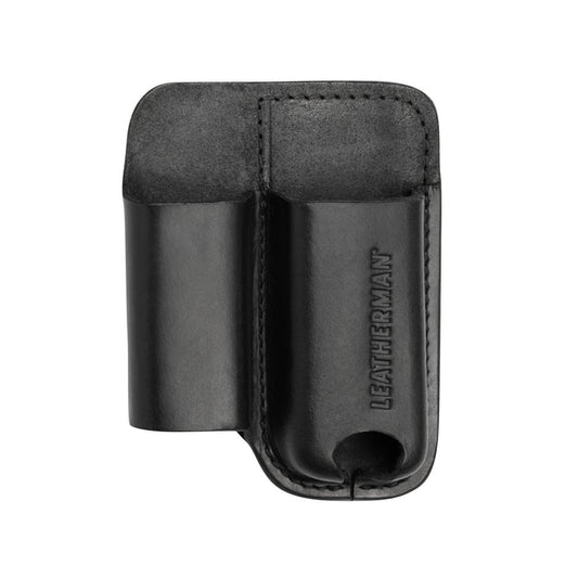 Black premium leather multitool sheath with two compartments and LEATHERMAN logo embossed on the front