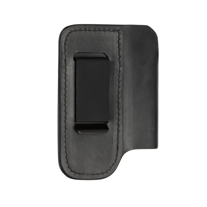 Black premium leather sheath with stitched edges and centered belt clip