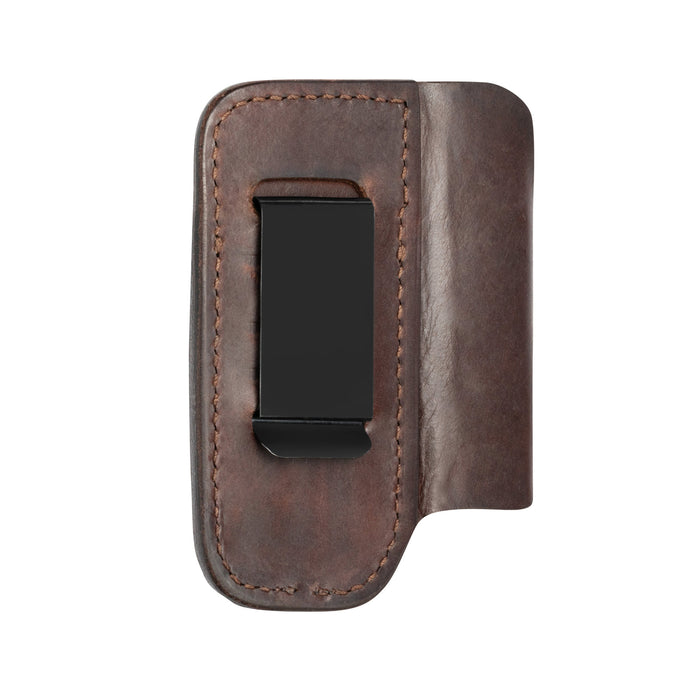 Premium Leather Sheath in Dark Brown with visible stitching and black belt clip