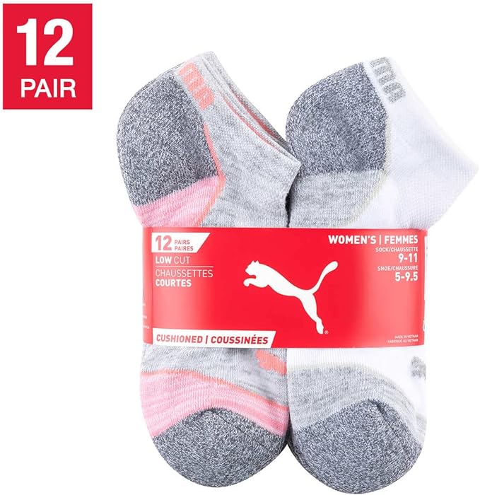 Puma Womens Low Cut Cushioned Socks 12-Pack, White-Pink, 9-11 - Shoppers-kart.com