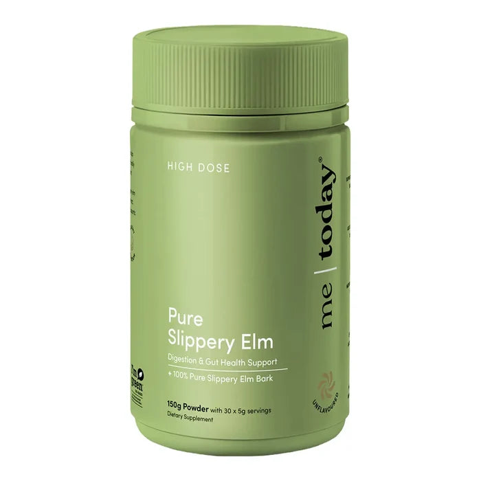 A light green plastic bottle Pure Slippery Elm supplement powder, shown against a plain white background.