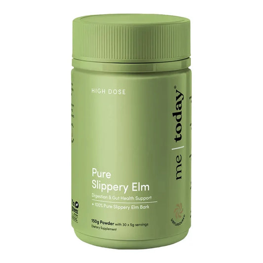 A light green plastic bottle Pure Slippery Elm supplement powder, shown against a plain white background.