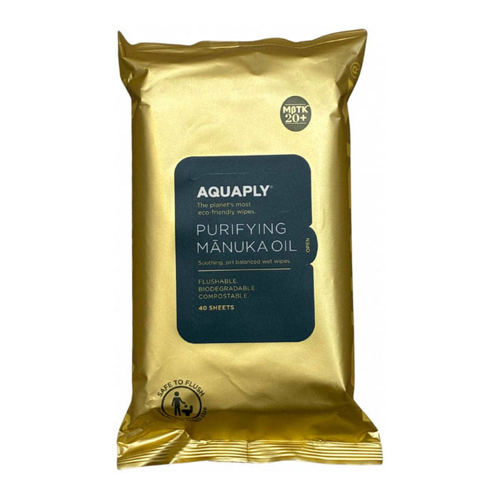 Gold package of Aquaply Purifying Manuka Oil wipes on a white background. Safe to flush.