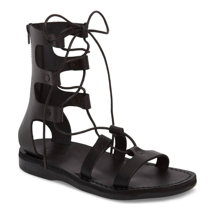 Rebecca black, handmade leather sandals with back strap - front view