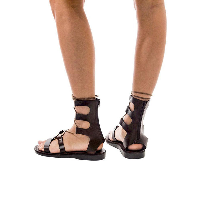 Model wearing Rebecca brown, handmade leather sandals with back strap