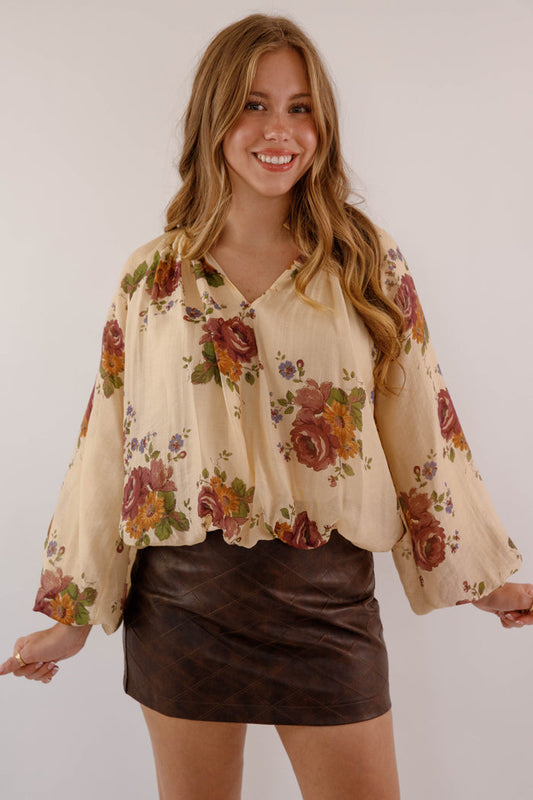 Multi Floral Peasant Sleeve Blouse- Women's Preppy Tops- Women's Work Blouse