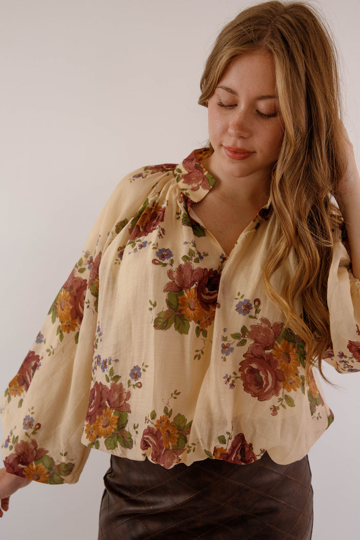 Multi Floral Peasant Sleeve Blouse- Women's Preppy Tops- Women's Work Blouse