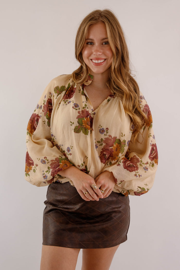 Multi Floral Peasant Sleeve Blouse- Women's Preppy Tops- Women's Work Blouse