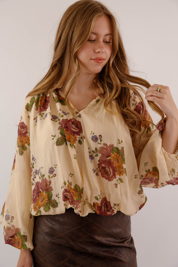Multi Floral Peasant Sleeve Blouse- Women's Preppy Tops- Women's Work Blouse