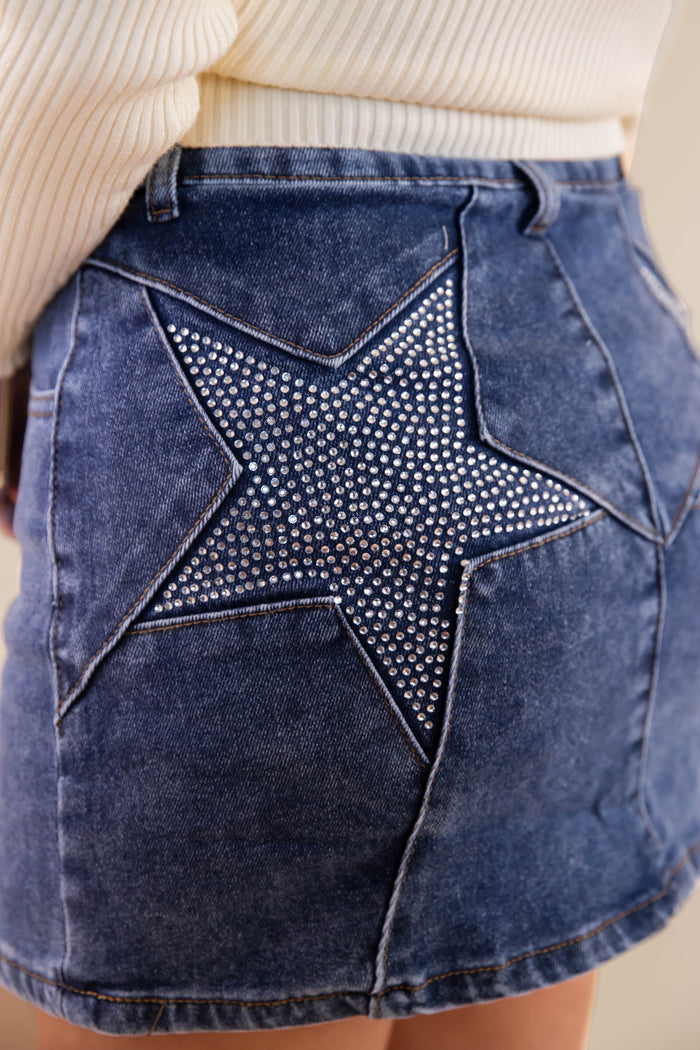 Denim Mini Skirt- Women's Rhinestone Star Mini Skirt- 2000s Style Outfits