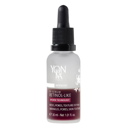 Bottle of Retinol-Like Bi-Serum | Yon-Ka Paris with dropper cap, featuring clear frosted glass and label highlighting skincare benefits for wrinkles, pores, and skin texture.