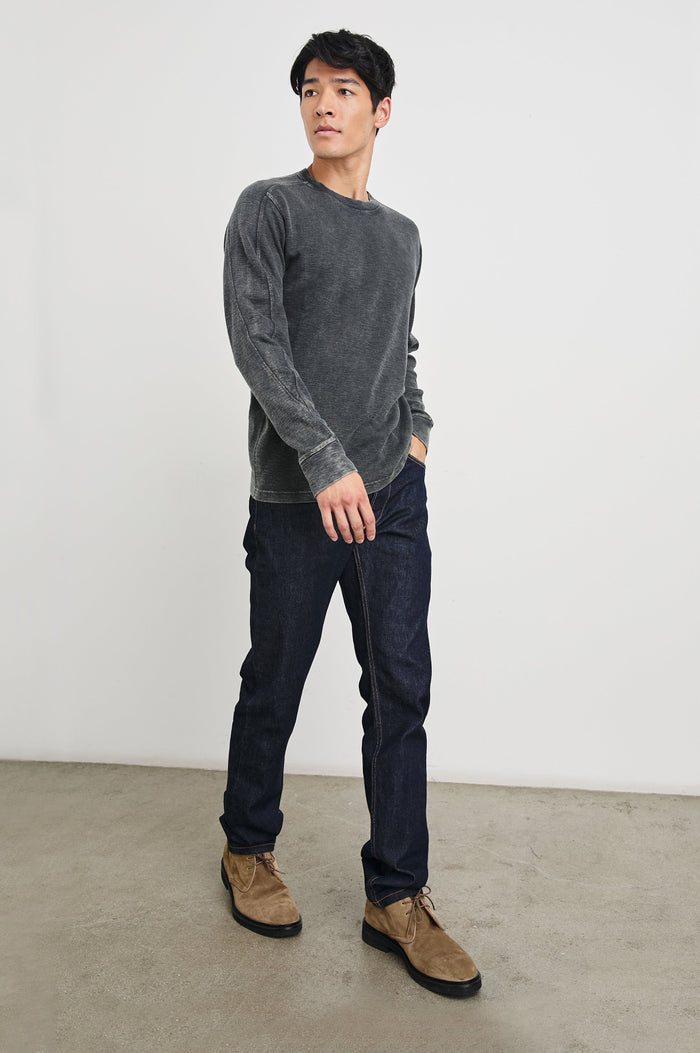 Rheese Long-Sleeve Thermal with Crew Neck and Statement Seams on Sleeves and Back in   Washed Black Colorway - Front Full Body View Featured on Model