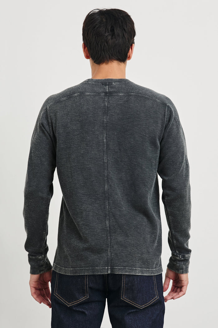 Rheese Long-Sleeve Thermal with Crew Neck and Statement Seams on Sleeves and Back in Washed Black Colorway - Back View Featured on Model