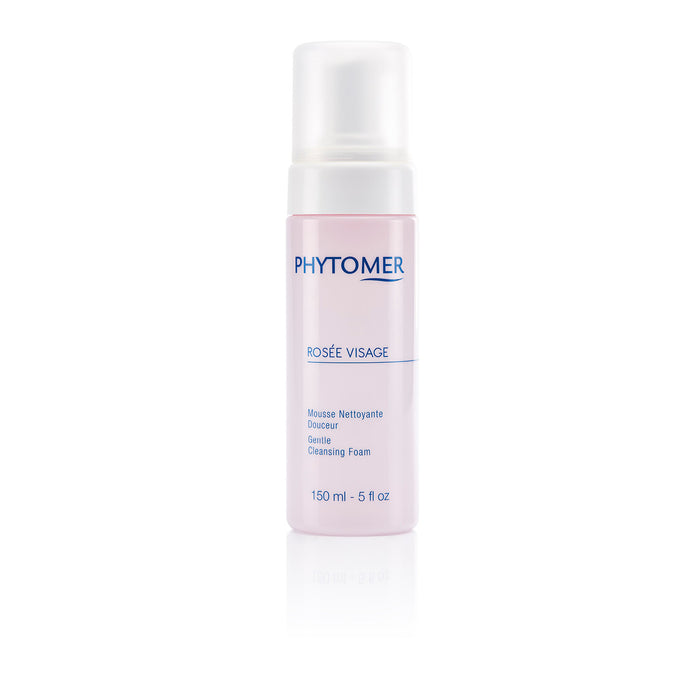 Rosée Visage Gentle Cleansing Foam | Phytomer in a sleek white and pastel pink bottle designed for gentle skincare cleansing and refreshing the face.