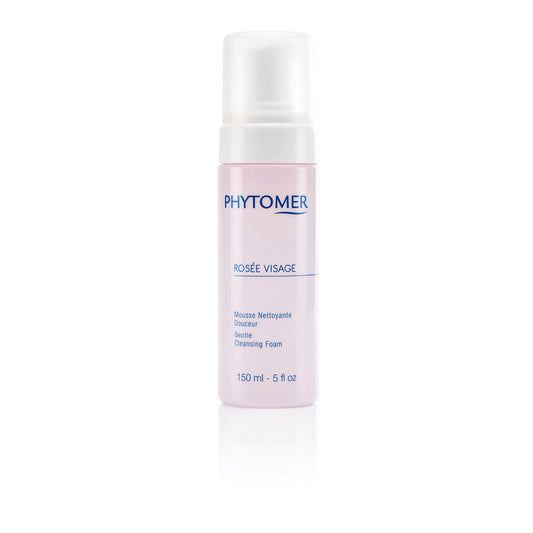 Rosée Visage Gentle Cleansing Foam | Phytomer in a sleek white and pastel pink bottle designed for gentle skincare cleansing and refreshing the face.