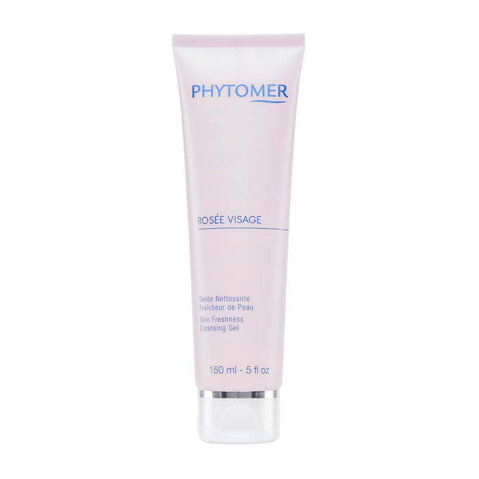 Phytomer Rosée Visage Skin Freshness Cleansing Gel in a pink tube designed for skincare, ideal for refreshing and cleansing the skin with a gentle formula.
