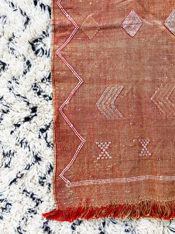 Rust II Artisanal Handmade Moroccan small mini embroidered cactus silk sabra rug in rust orange