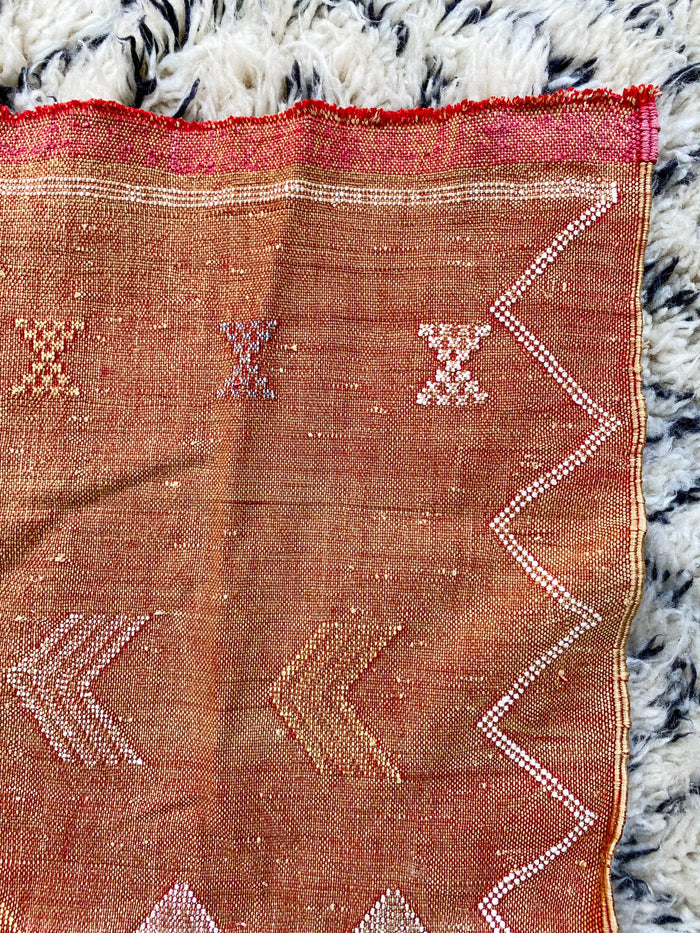 Rust II Artisanal Handmade Moroccan small mini embroidered cactus silk sabra rug in rust orange