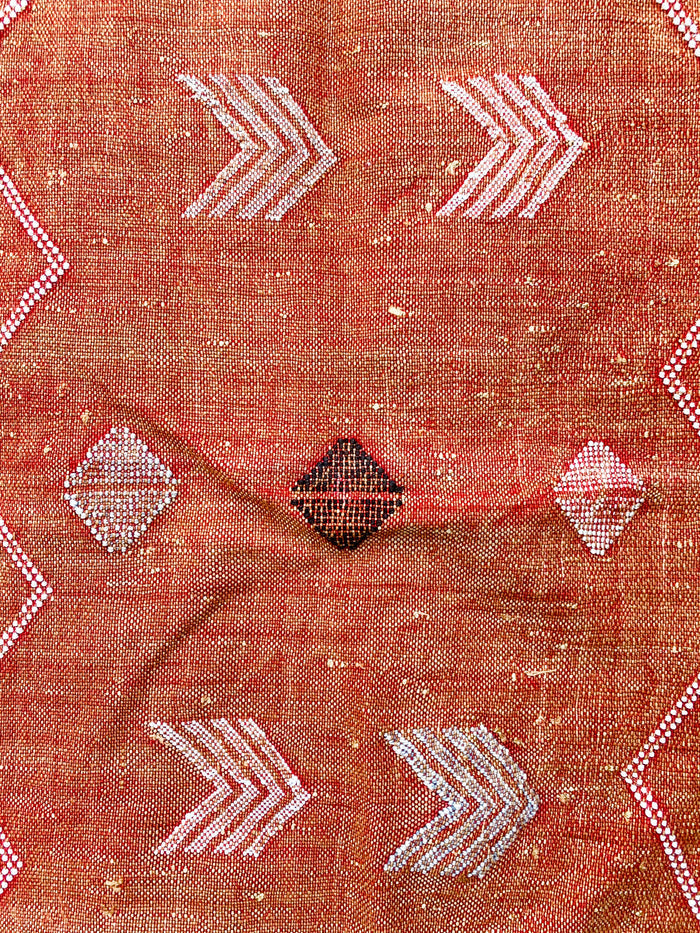 Rust Artisanal Handmade Moroccan small mini embroidered cactus silk sabra rug in rust orange
