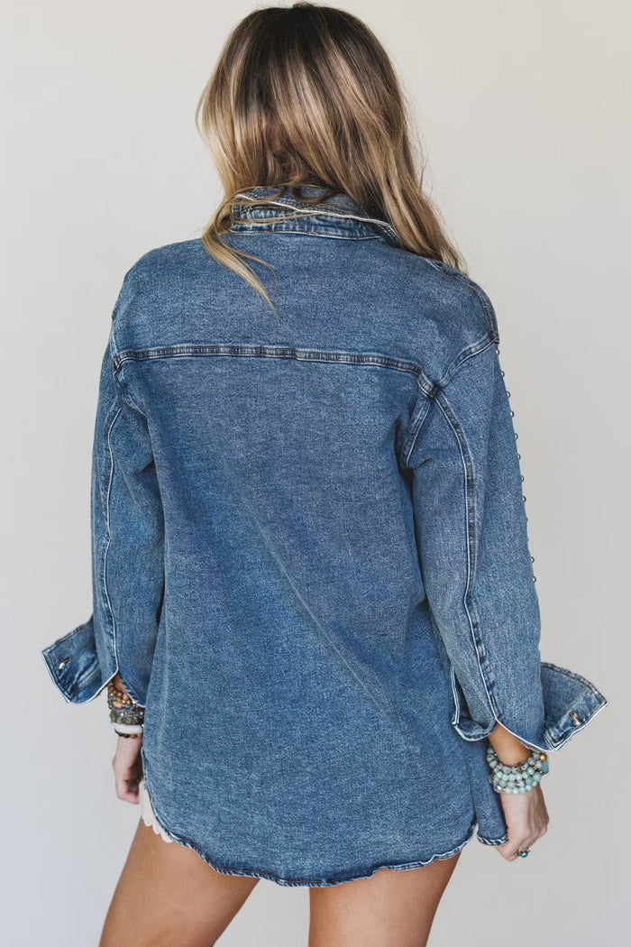 Sail Blue Rivet Embellished Western Style Regular Fit Long Sleeve Denim Jacket