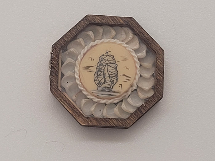 Sailor's Valentine - Ship Drawing Emblem Surrounded by Rope and Gray Shells – by Pam Friend
