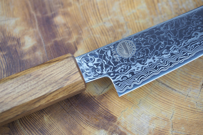 Sakai Jikko "Loco Damascus" Wa-Petty Knife SG2 Powdered High Speed Steel Mirror-Polished Nickel Damascus with Japanese Oak Handle (13.5cm)