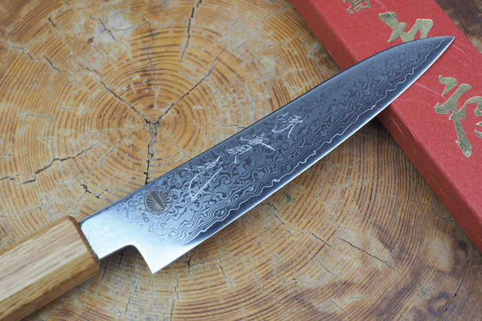 Sakai Jikko "Loco Damascus" Wa-Petty Knife VG10 Mirror-Polished Nickel Damascus with Japanese Oak Handle (13.5cm)