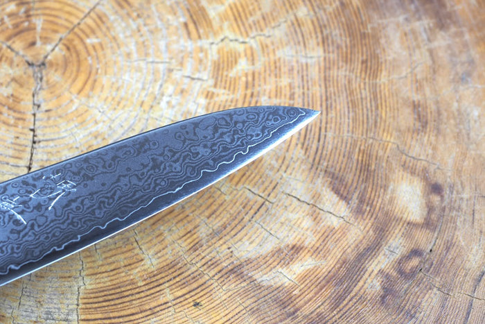 Sakai Jikko "Loco Damascus" Wa-Petty Knife VG10 Mirror-Polished Nickel Damascus with Japanese Oak Handle (13.5cm)