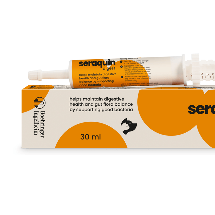 White background with a close up of a box and syringe of Seraquin Digest pictured. On the box and syringe is a silhouette of a cat and dog . Text on the box reads 'Helps maintain digestive health and gut flora balance by supporting good bacteria'.