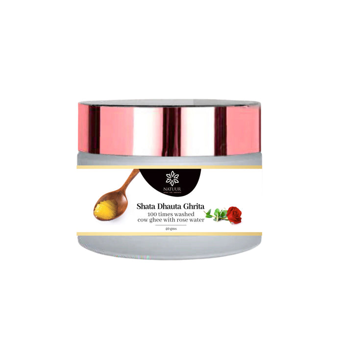 Natuur.in Shata Dhauta Ghrita rose night cream in a glass jar with a metallic pink lid for deep skin hydration.